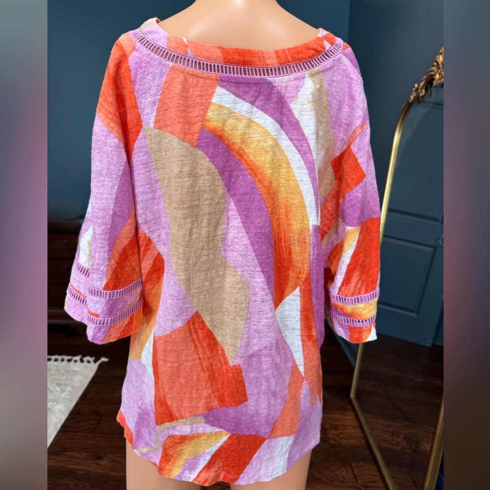 Chico's Linen Tunic Top Colorblock V Neck Oversized Boho Beach L - Picture 5 of 7